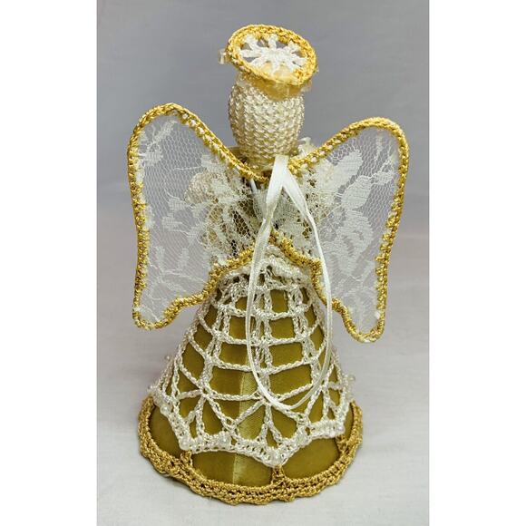 Vintage Crochet Angel Ornament Tree Topper Christmas Gold Handmade Lace 6" Decor - Picture 5 of 10